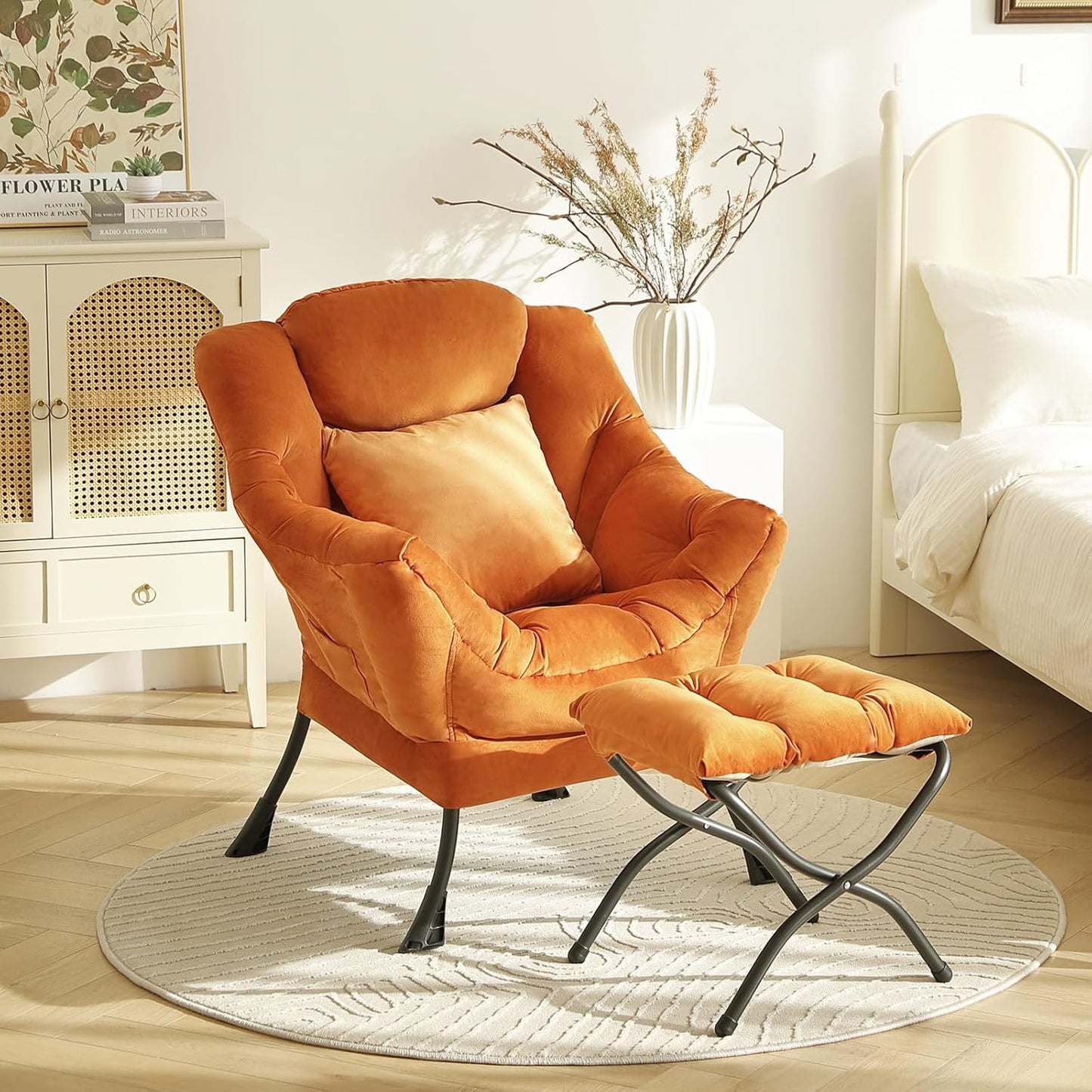 Large Lazy Chair with Ottoman, Accent Reading Chair with a Throw Pillow, Cozy Lounge Chair with Armrest, Leisure Sofa Chair for Living Room, Bedroom, Dorm Room, Velvet Tangerine