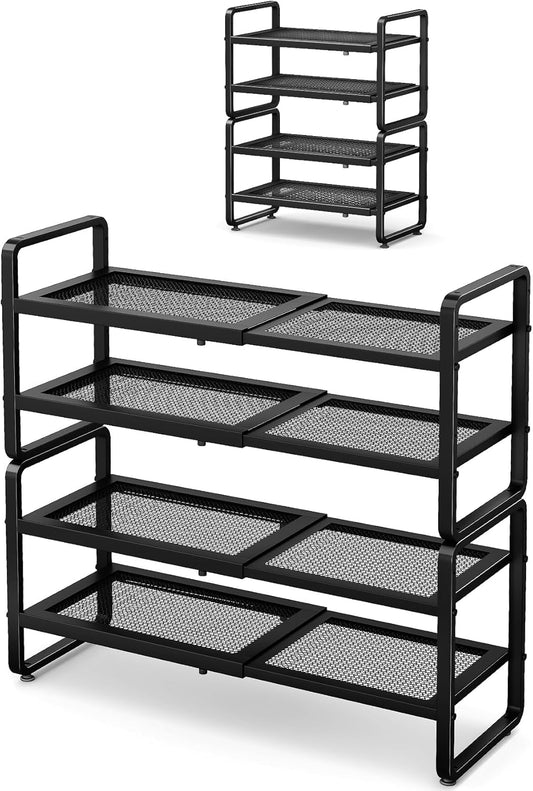Shoe Rack - Expandable Shoe Organizer for Closet, Adjustable Metal Shoe Shelf Storage, 4 Tier Stackable Long Shoe Stand Holder for Garage, Entryway, Door Entrance, Black