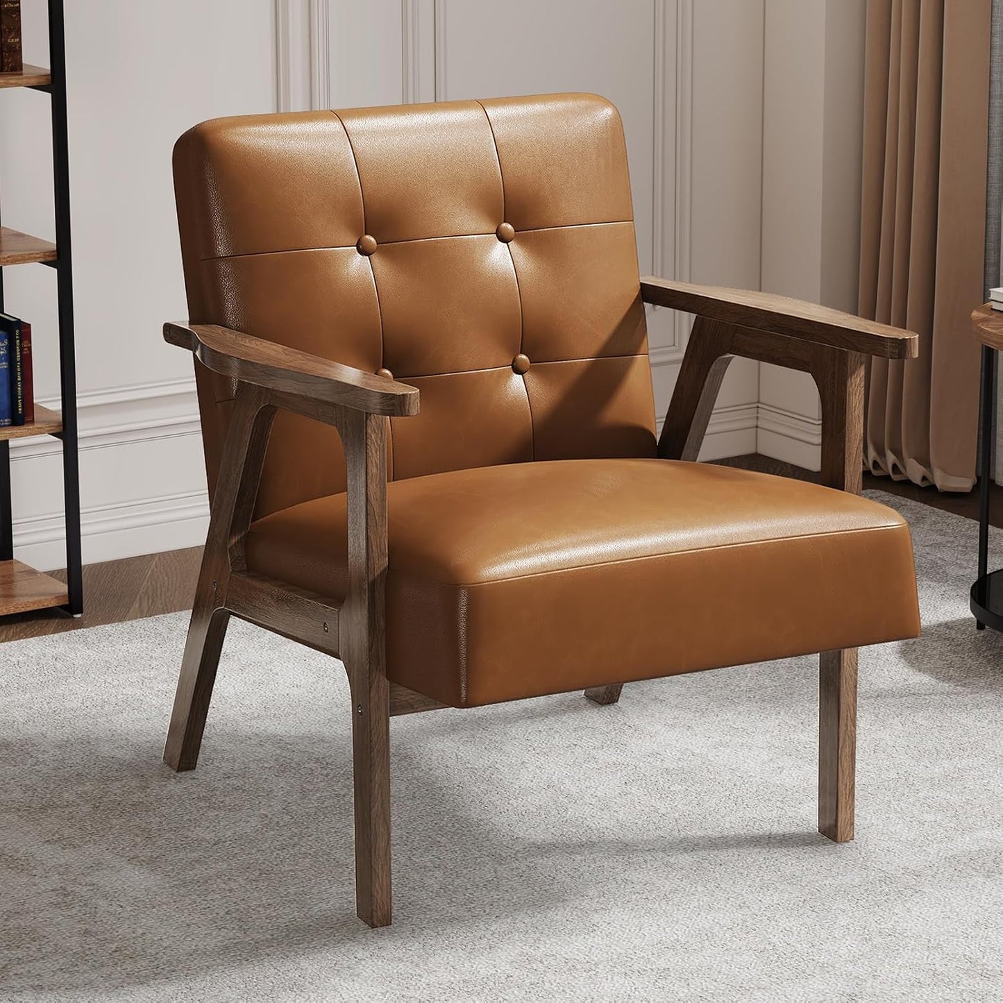 Casaottima PU Leather Accent Chair Mid Century Comfy Cozy Chair with Solid Wood Legs,Modern Arm Reading Chair with Button Tufted Back for Living Room Bedroom (Dark Brown)