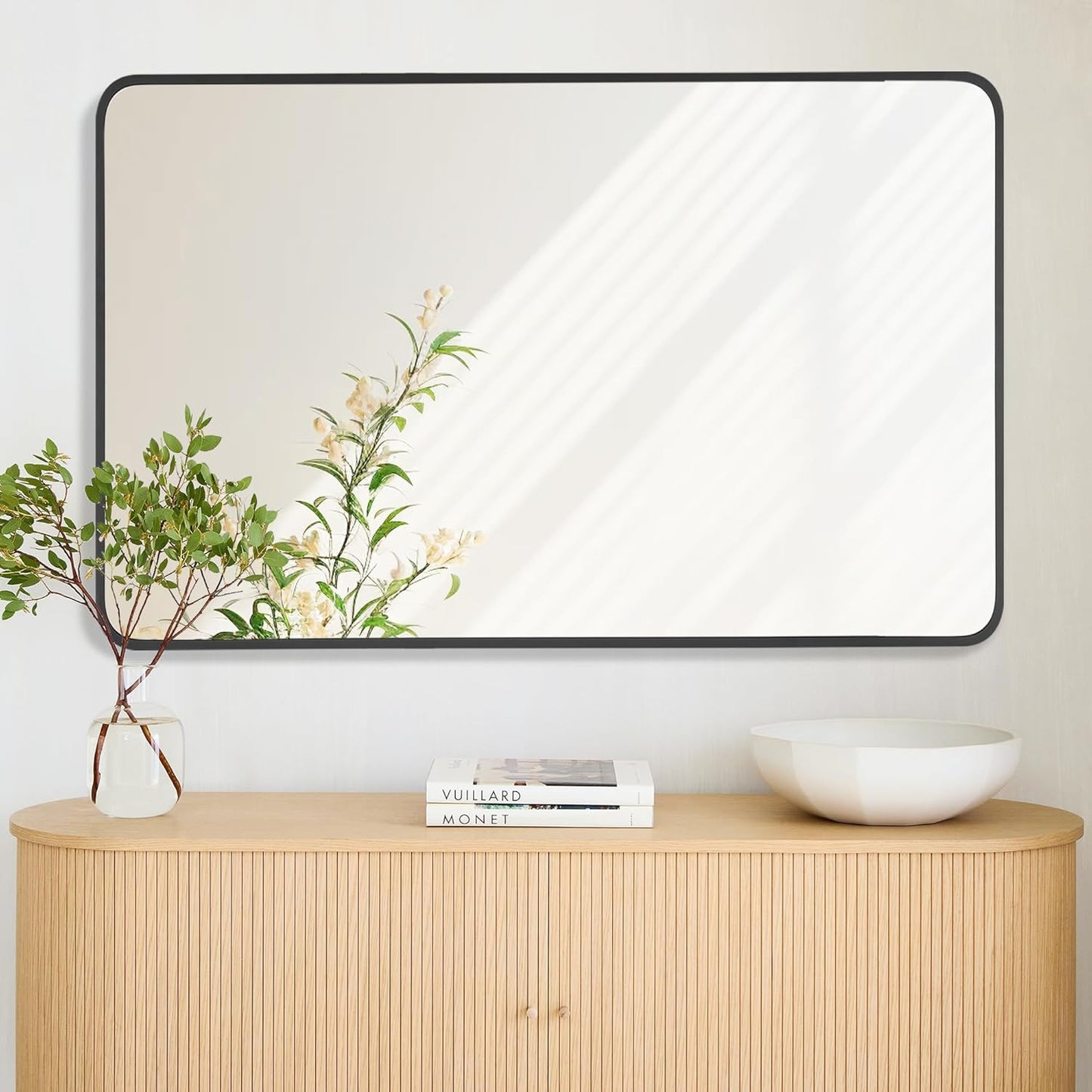 30x48 Inch Rectangle Bathroom Mirror with Black Metal Frame, Rounded Corner Rectangular Vanity Mirror for Wall, Modern Large for Bedroom, Living Room, Horizontal or Vertical