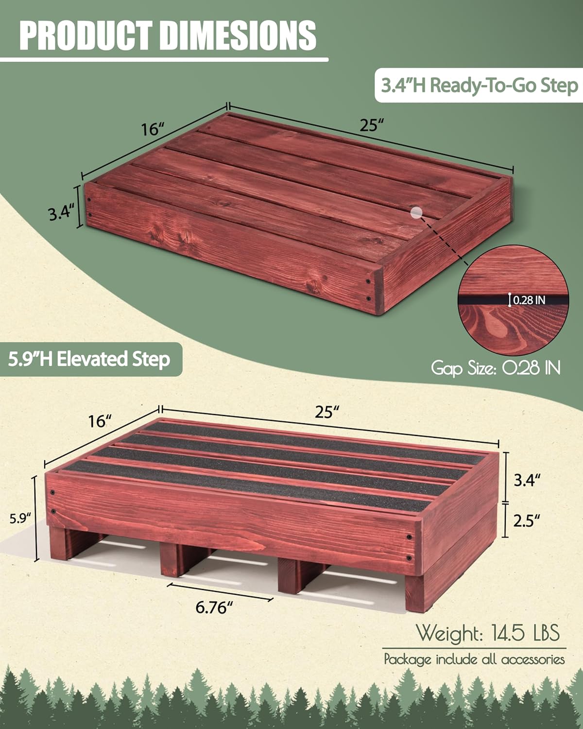 3.4"/5.9" Heightable Wooden Outdoor Step, 100% Handmade Step Stools for Adults with 4 Additional Legs & Anti-Slip Traction Tape, One Step Stool for Elderly, Adults, Kids (25" L x 16" W)