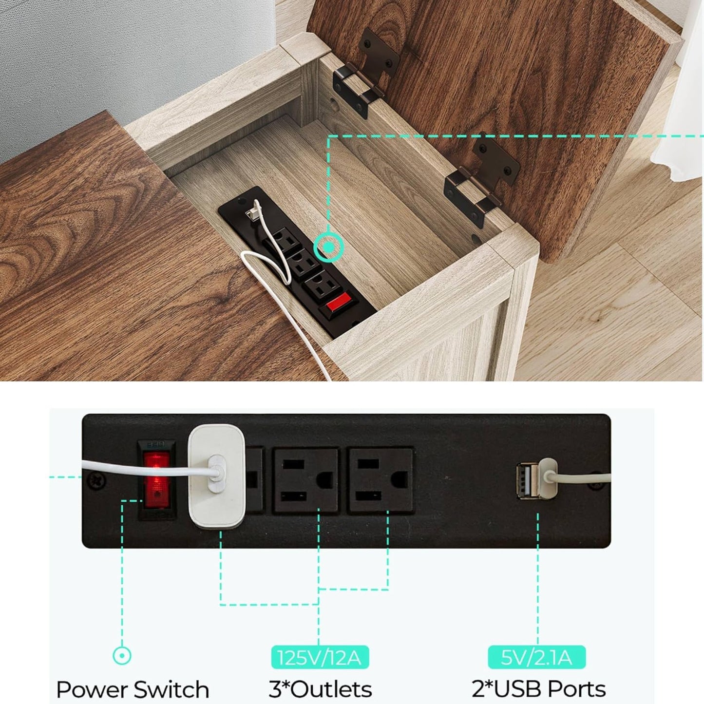 LINSY HOME Farmhouse End Table with Charging Station, Narrow Side Table for Living Room, Sofa Side Table with Drawer and Storage Cabinet, Small Nightstand for Home Office