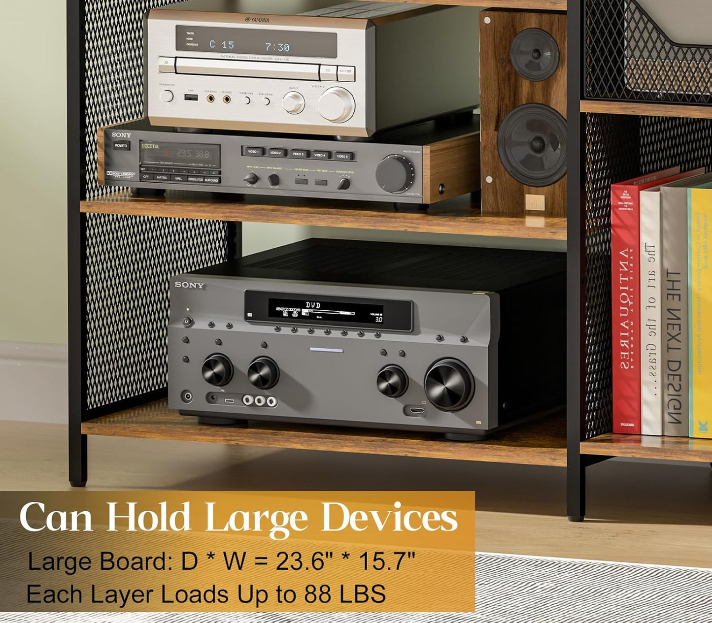 Large Record Player Stand Table with vinyl record holder, AV Media Stand With Charging Station & USB Ports, Stereo Cabinet Stand with Led Strip Light, Sturdy, Adjustable Feet, Rustic, Large Capacity