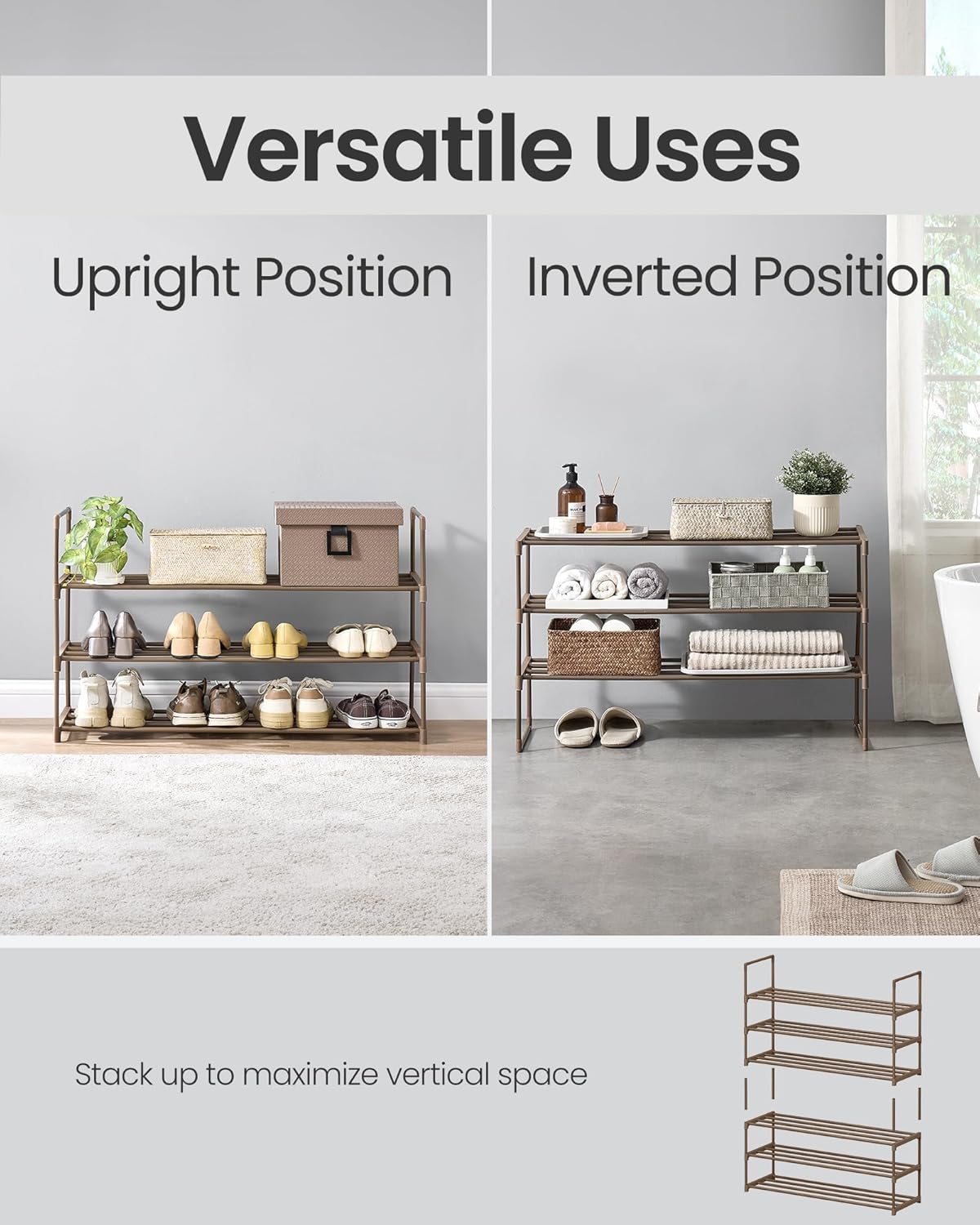 SONGMICS Shoe Rack, 3-Tier Shoe Organizer, Metal Storage Shelf, Upright or Upside Down, for 16-20 Pairs, Stackable, for Entryway, 11.8 x 36.2 x 21.7 Inches, Walnut Brown ULSA303K01