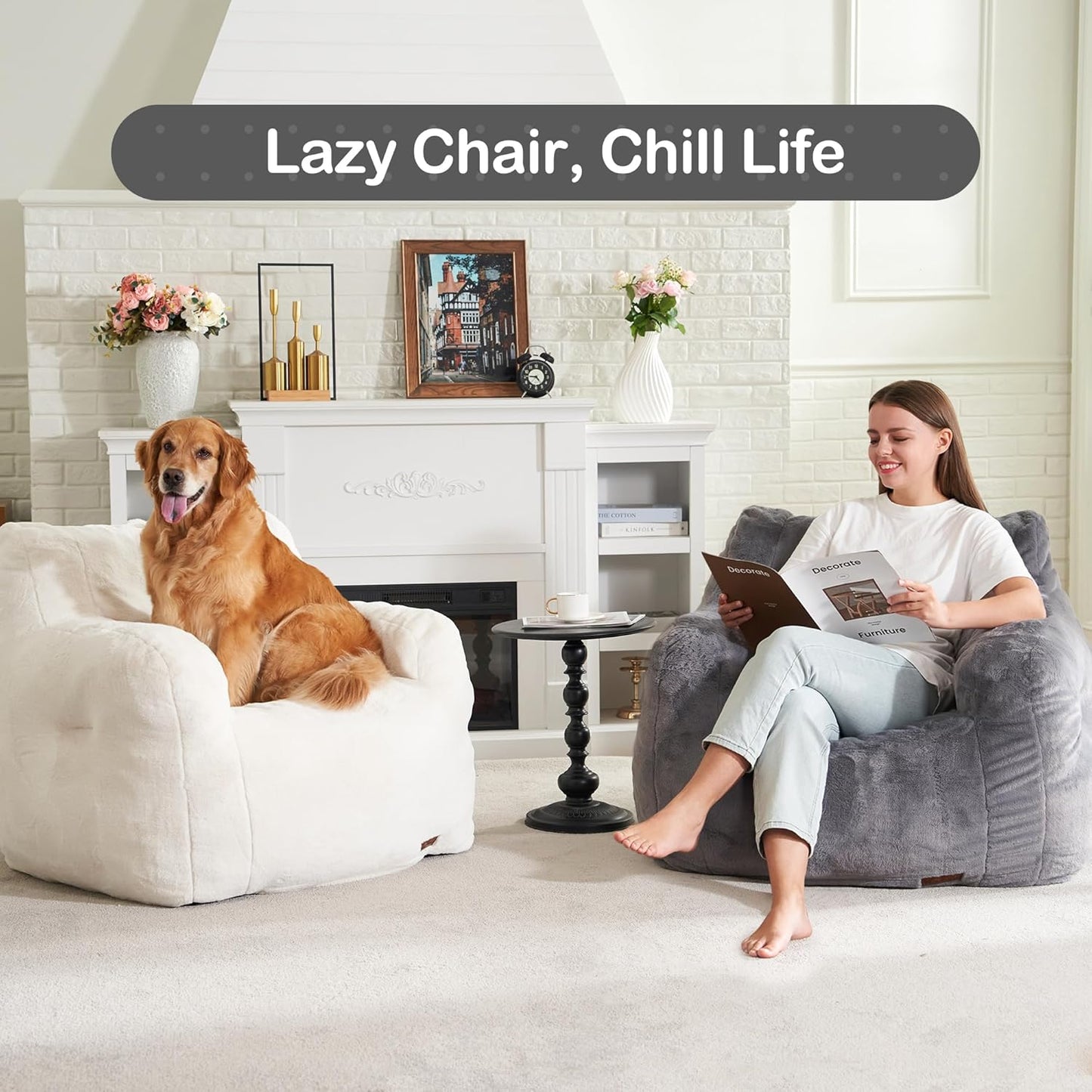 Hobestluk Bean Bag Chair for Adult Small Bean Bag Chairs with Arms Furry Beanbag Chair with Foam Filler Stuffed Bean Bag Sofa for Reading in Bedroom Living Room and Dorms(Grey)