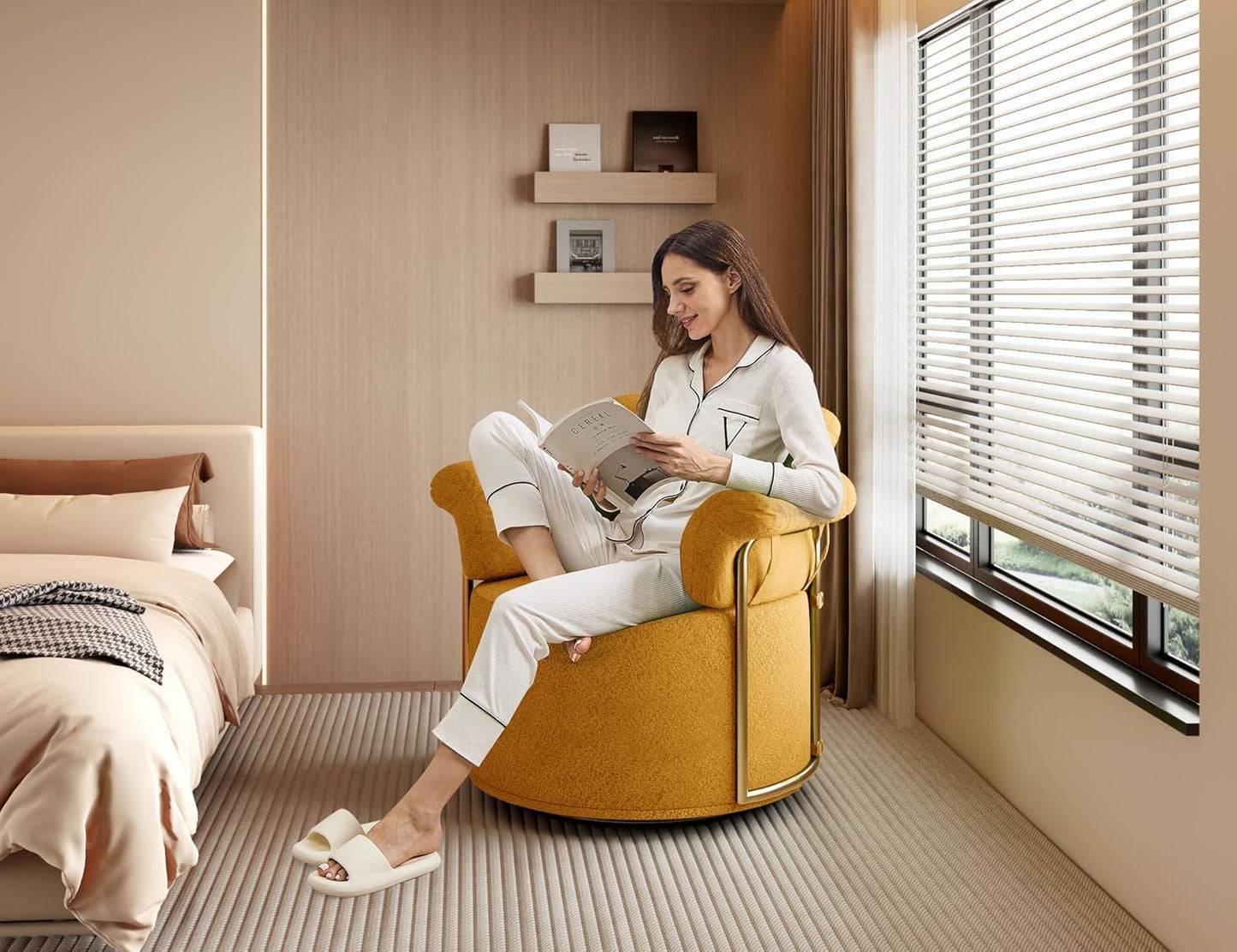 KEIKI Modern Comfy Swivel Accent Reading Chair, 360°Round Upholstered Barrel Armchair Single Club Lounge Sofa Chairs for Living Room,Bedroom, Office,Orange