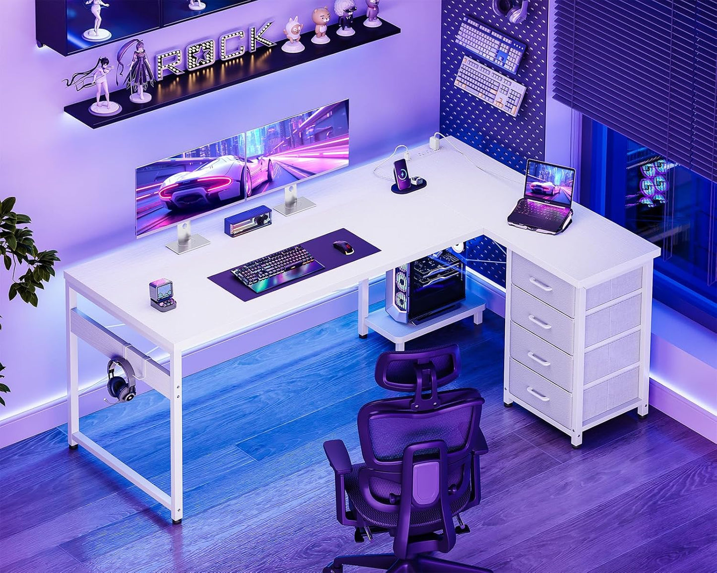 AODK L Shaped Desk with 4 Tier Drawers, 61" Reversible Gaming Desk with Power Outlets, L Shaped Computer Desk with USB Charging Port and Host Stand, Home Office Corner Desk, Easy to Assemble, White