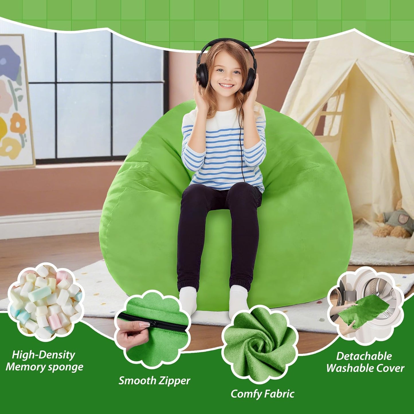 2FT Bean Bag Chair with Ultra Soft Velvet Cover Bean Bag Sofa with Memory Foam Bean Bag Chairs with Large Size Lazy Sofa for Dorm Office Living Room Bedroom Grass Green 2'