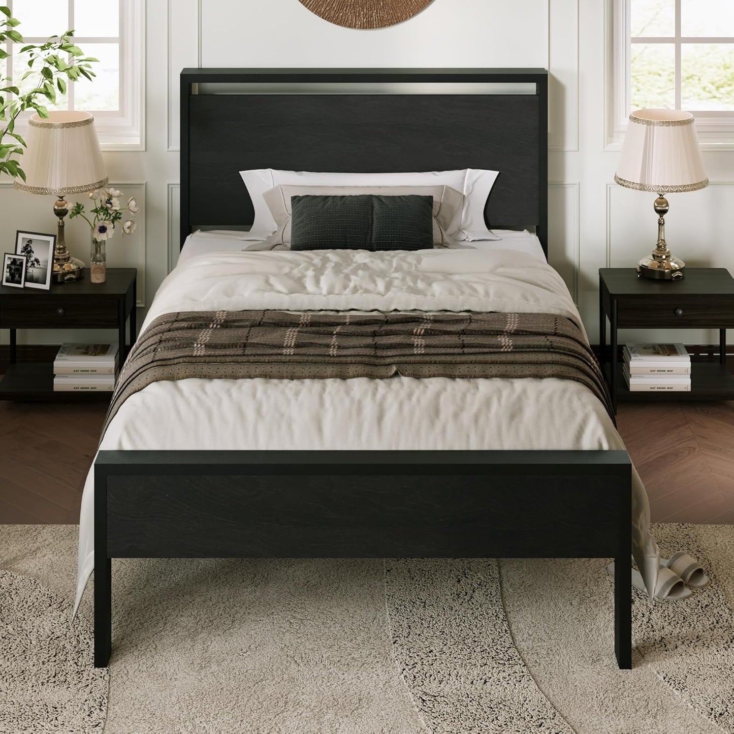 Allewie Twin Size Platform Bed Frame with Wooden Headboard and Footboard, Heavy Duty Metal Slats Support, No Box Spring Needed, Under-Bed Storage, Noise Free, Easy Assembly, Black Oak