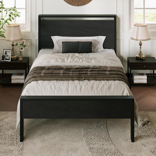 Allewie Twin Size Platform Bed Frame with Wooden Headboard and Footboard, Heavy Duty Metal Slats Support, No Box Spring Needed, Under-Bed Storage, Noise Free, Easy Assembly, Black Oak