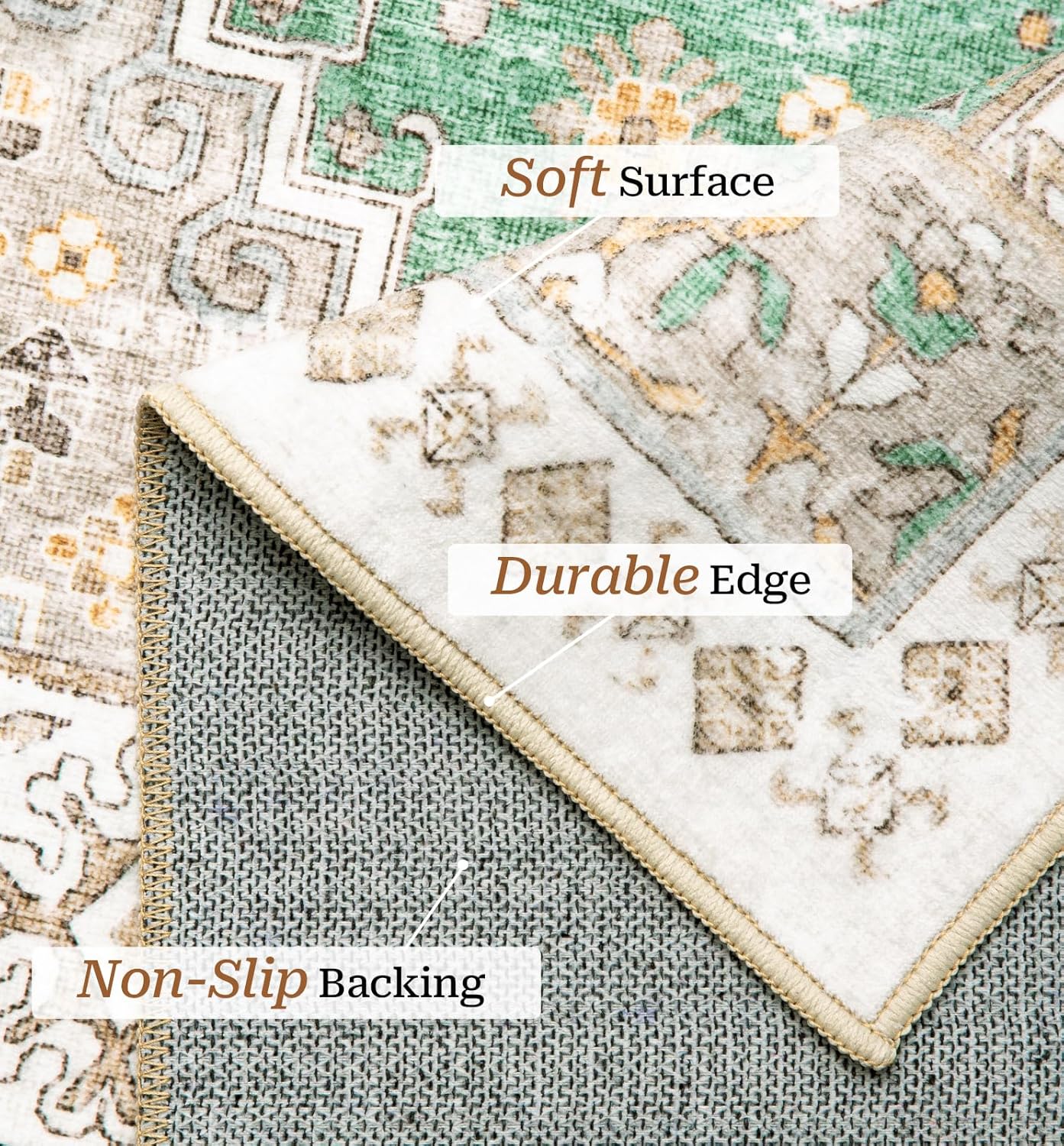 zesthome 6x9 Area Rug, Super Soft Washable Rugs for Living Room, Non-Slip Stain Resistant Vintage Rugs, Ultra-Thin Large Area Rugs (Green/Brown,6'x9')