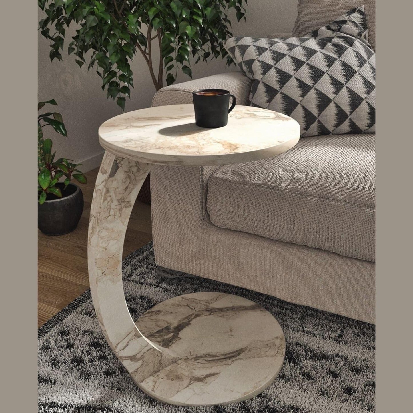 C Shaped End Table for Couch Small Places, Faux Marble White Space Saver Round Side Table for Sofa and Bedside with Wheels, Coffee and Snack Time Tray for Living Room (White Marble)