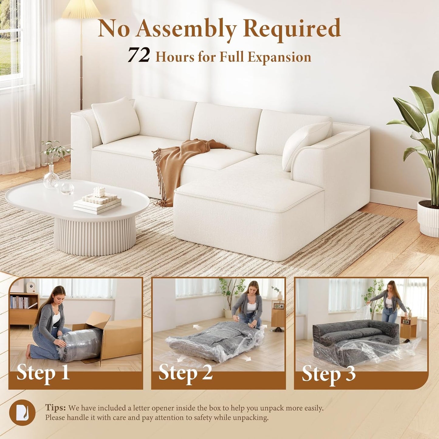 Vesgantti 106" Cloud Sectional Couch with Chaise, Deep Seat Modular Sectional Sofa Chenille Memory Foam Sofa Boneless Couches for Living Room Bedroom, No Assembly Required (Beige, Right-Facing Chaise)