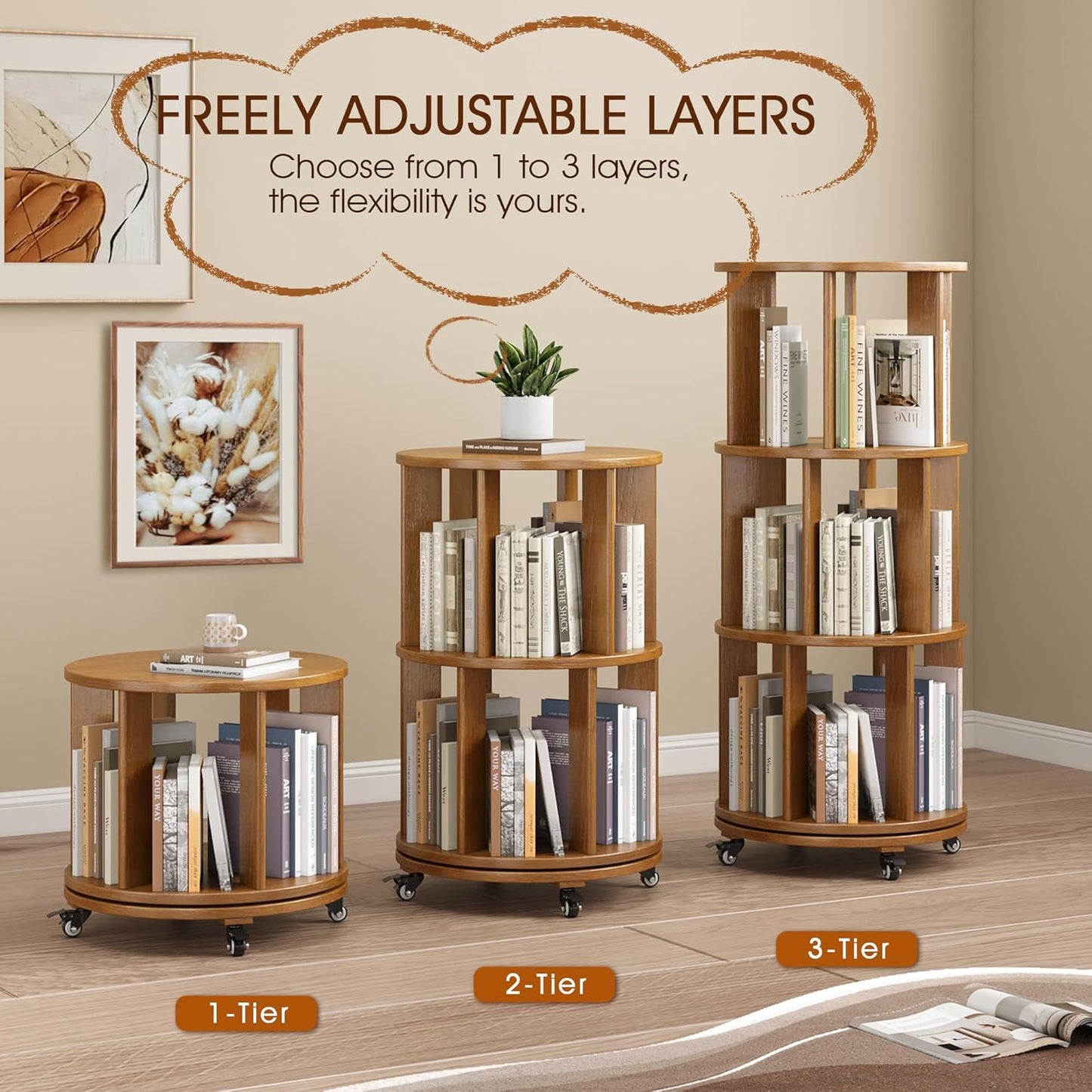 3 Tier Rotating Bookshelf Tower Spinning Bookshelf with Swivel Wheels Book Shelf Rotating Storage Tower for Kids Adult Narrow Walnut Solid Wood Revolving Bookcase Organizer for Bedroom Living Room