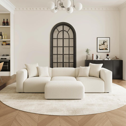 Acanva Convertible Modular Sectional Sofa with Movable Ottomans, Free Combination Corduroy Couch for Living Room Apartments, L-Shaped, White