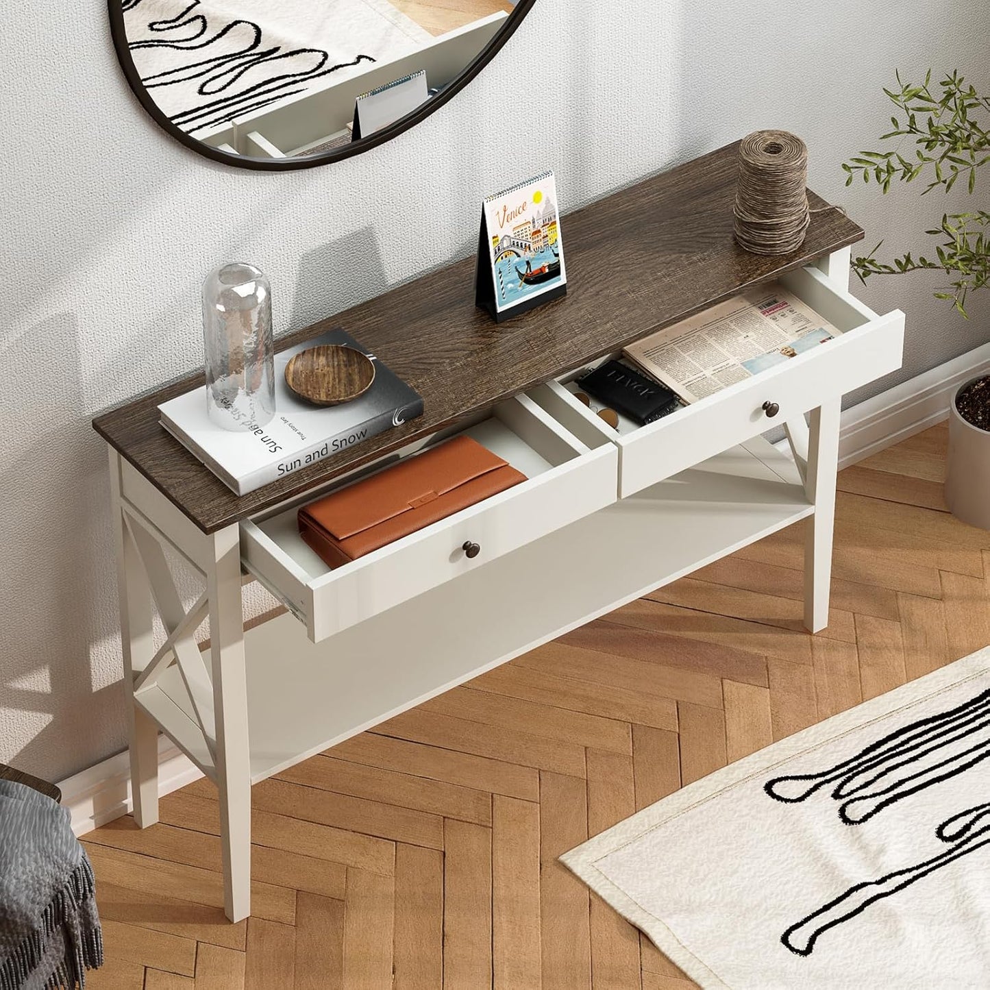ChooChoo Farmhouse Console Table with Drawers, Narrow Wood Accent Sofa Table Entryway Table with Storage Shelf for Entryway, Front Hall, Hallway, Living Room, Antique White & Brown