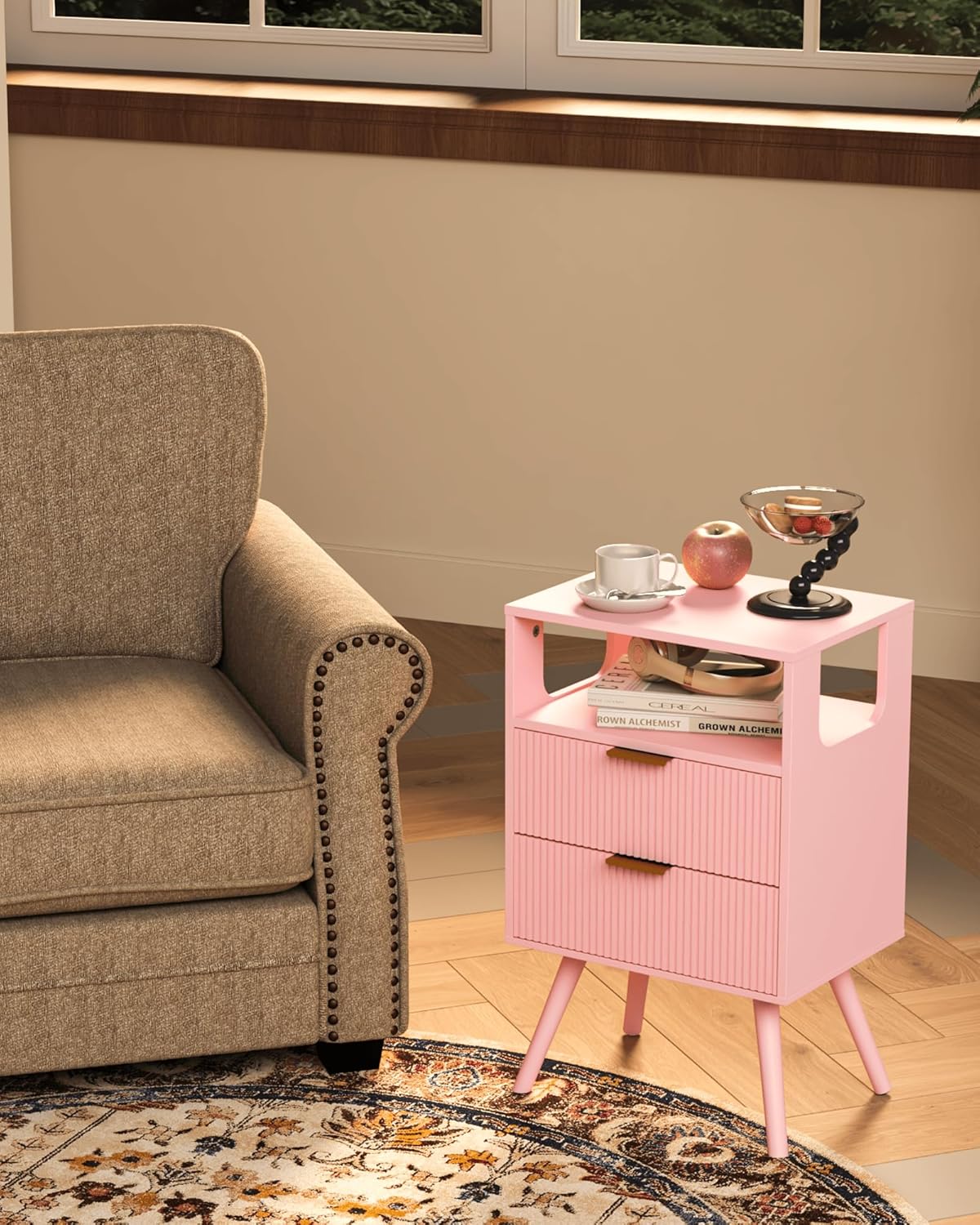 Pink Nightstand,Modern Bedside Table with 2 Storage Drawer and Open Wood Shelf, for Bedroom and Small Spaces,Night Stand with Solid Wood Legs