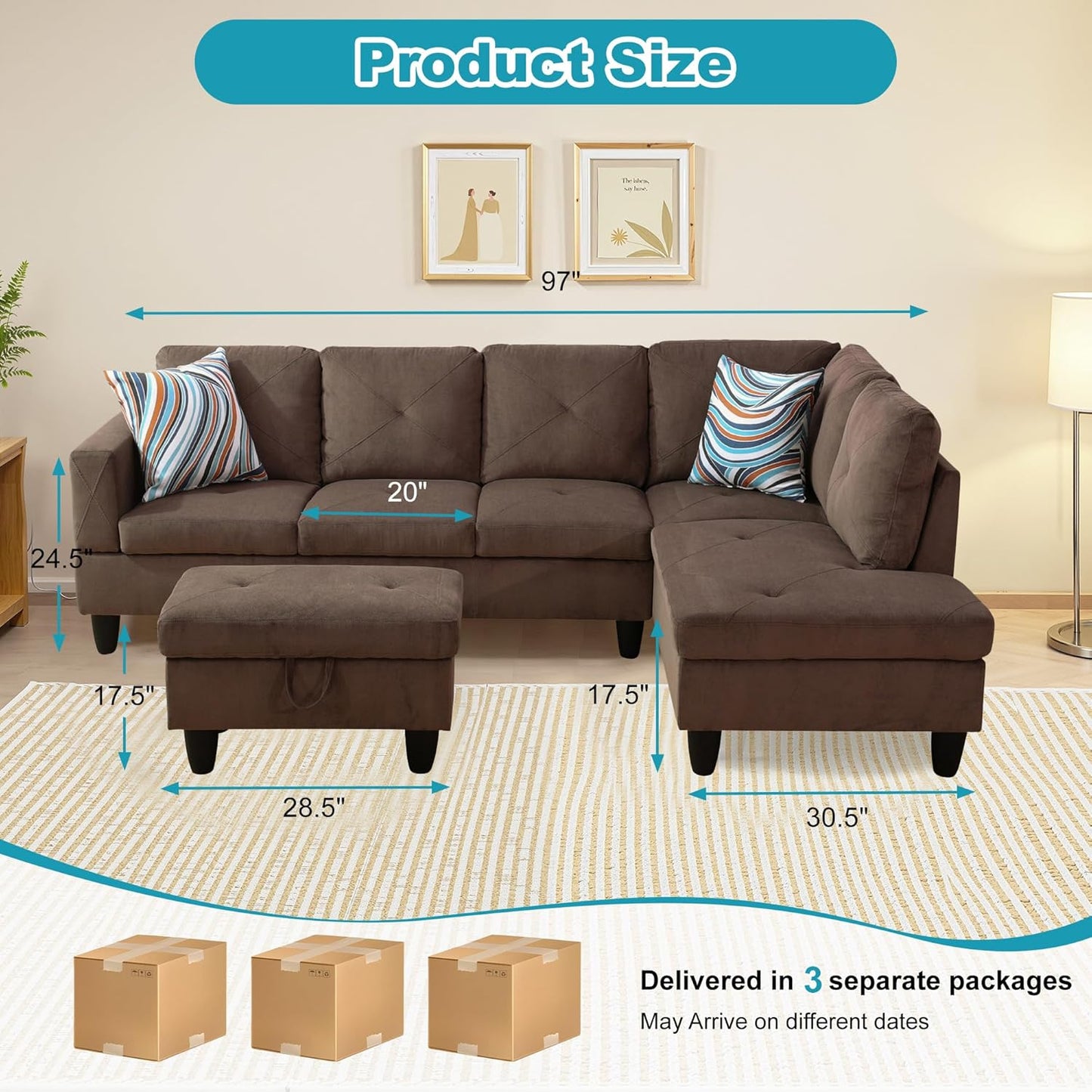 Couches for Living Room Modern L Shaped Couch Comfy Sackcloth Fabric 3 Pieces Sectional Sofa with Chaise, Ottoman with Storage for Office and Small Apartment, Brown