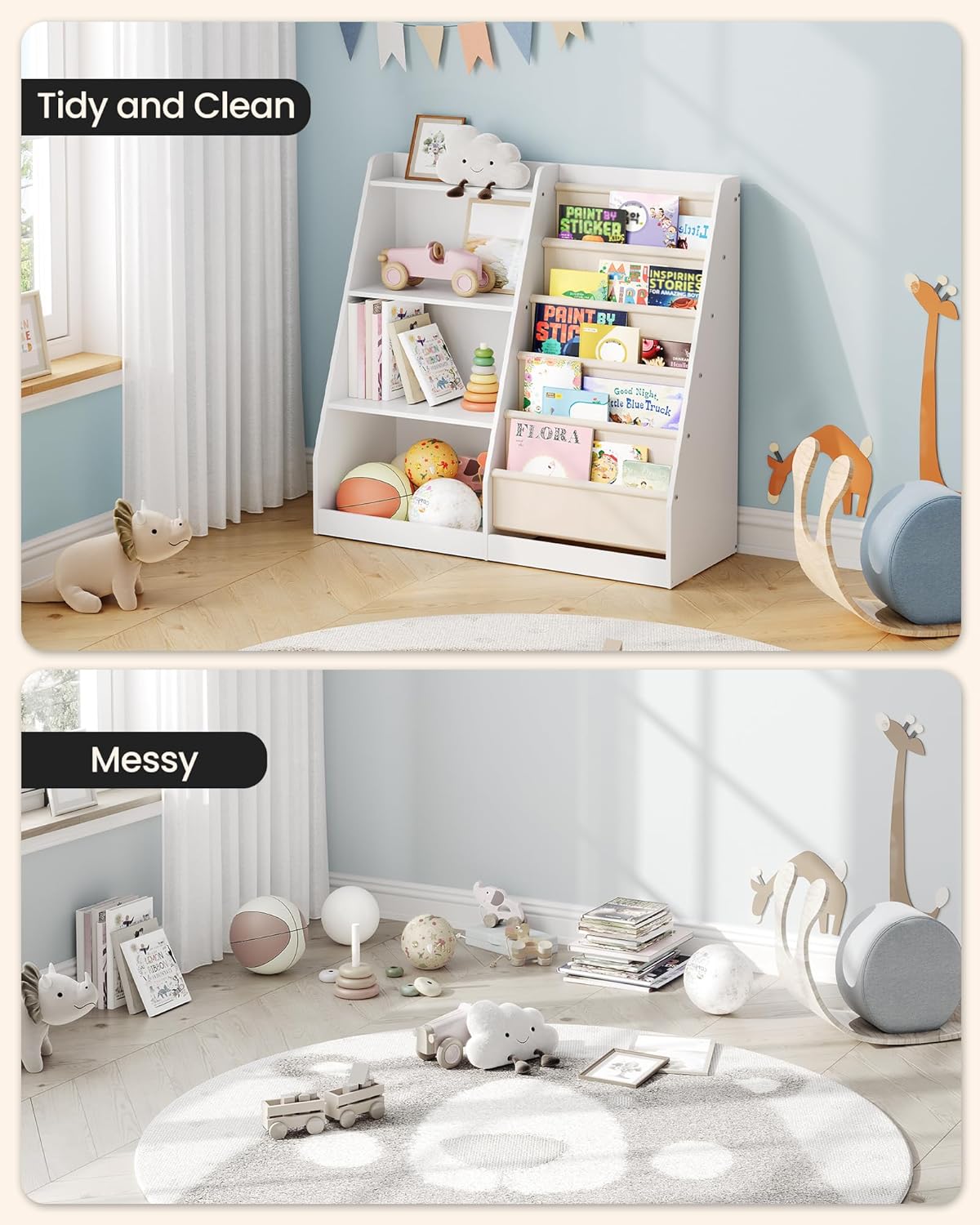 35.4" Kids Bookshelf and Toy Storage, 6 Layer Fabric Toddler Bookshelf, Kids Toy Storage Organizer, Sling Kids Bookcase, for Playroom, Bedroom, Nursery, Classroom, White MCW05WT