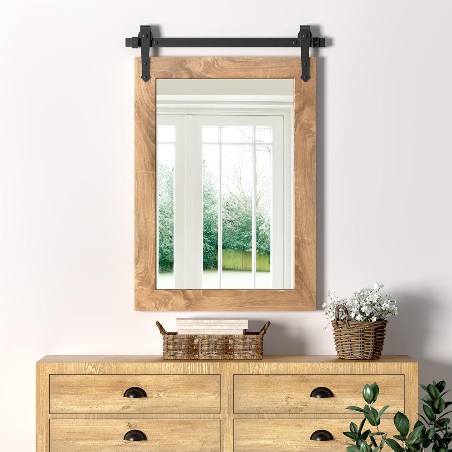 Farmhouse Bathroom Mirror 18" x 24" Rustic Wood Framed Wall Barn Door Mirror for Bathroom, Living Room, Bedroom Wall Decor (Brown)