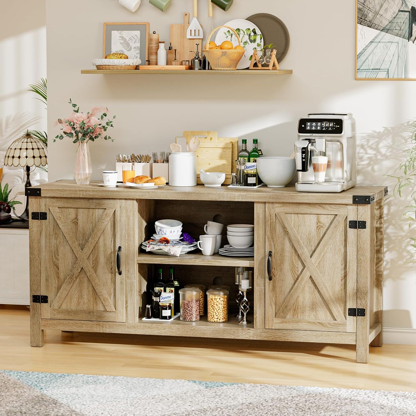 YESHOMY Farmhouse Buffet & Sideboard, 58" Kitchen Storage Cabinet with Adjustable Shelves & Doors, Wood Coffee Bar for Living Room, Entryway, Yellow