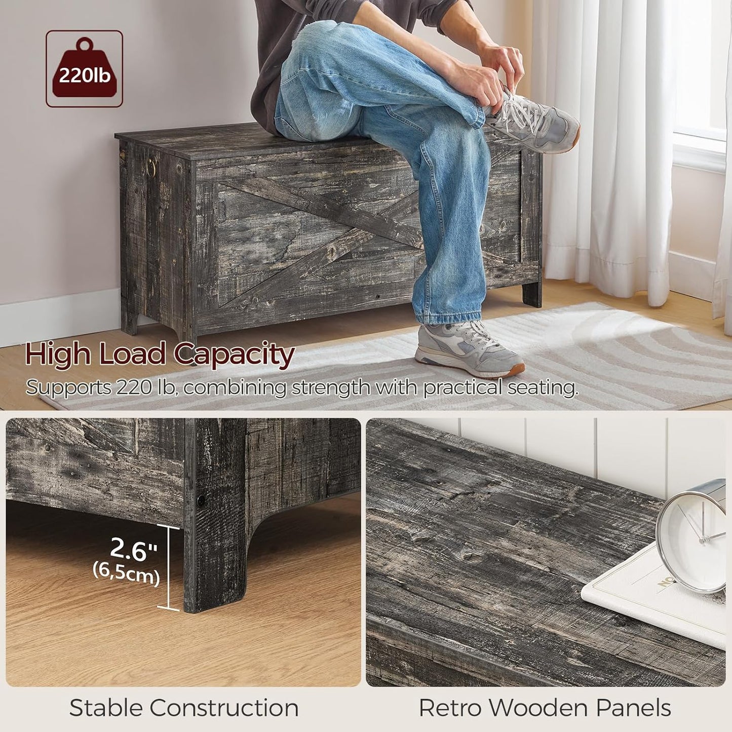 39.4" Toy Chest, Sturdy Entryway Storage Chest with Safety Hinges, Retro Toy Box, Wooden Look Accent Furniture for Living Room, Bedroom, Vintage Gray SCRP48101