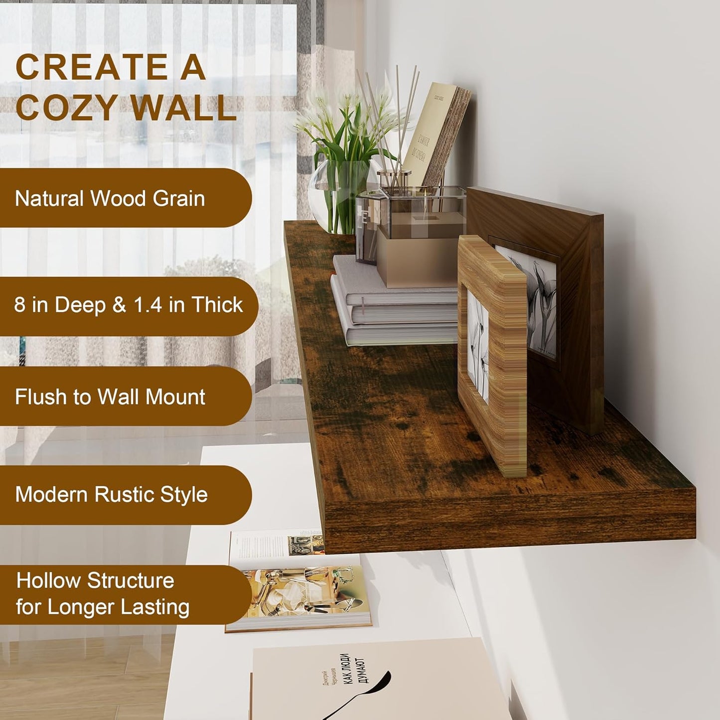 Fun Memories Floating Shelves 55 Inch Long, 8 Deep Floating Shelves for Wall, Large 55 x 8 Display Shelves for Living Room, Kitchen, Wood Deep Wall Shelves for Home Storage, Rustic Brown, 1 Pack