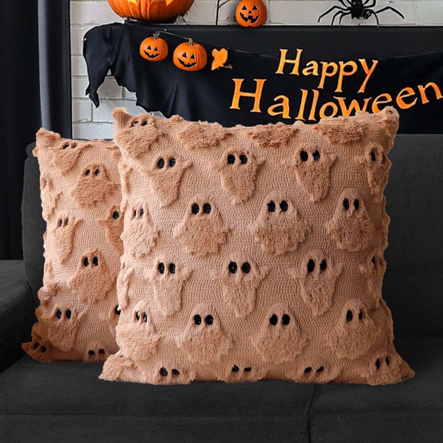 4TH Emotion Halloween Ghost Decorative Pillow Covers 16x16 Set of 2, Light Brown Soft Plush Faux Fur Farmhouse Throw Cushion Cases for Fall Autumn Holiday Home Decorations
