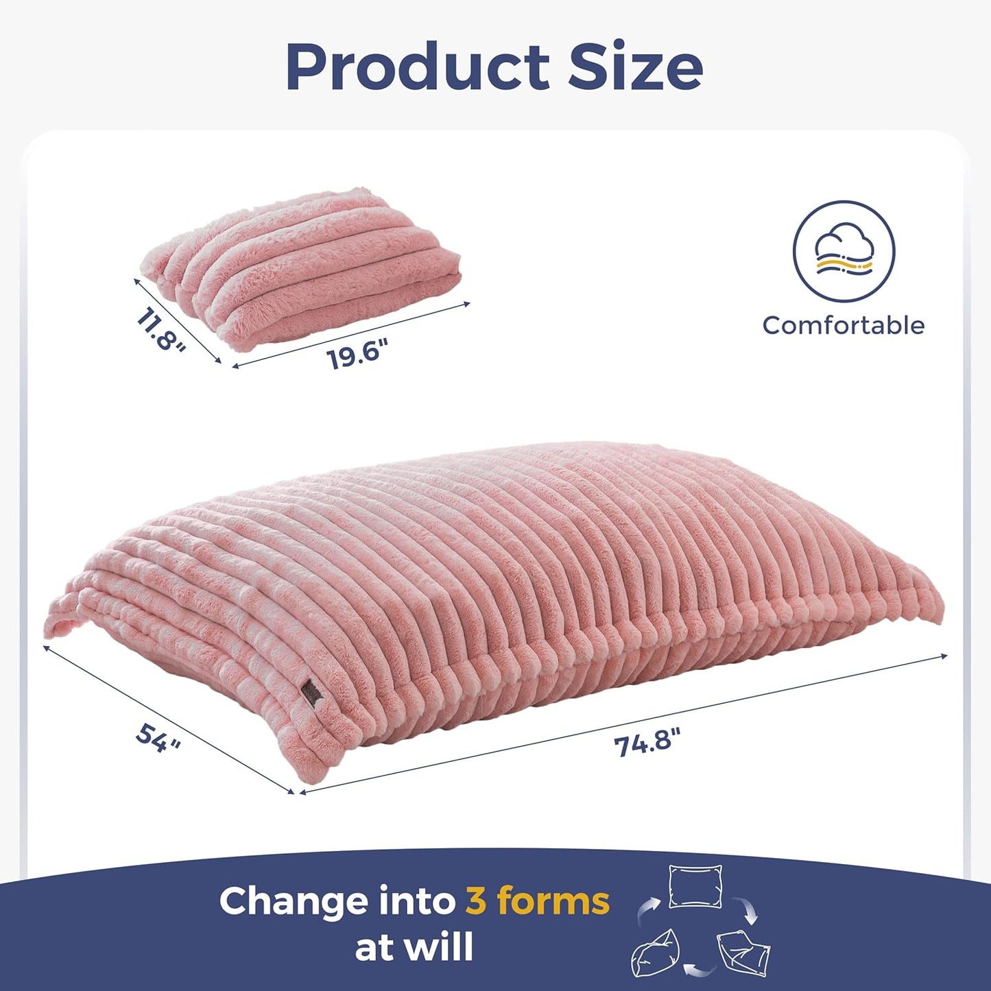 MAXYOYO Giant Bean Bag Chair with Pillow, 3 in 1 Convertible Bean Bag Chair for Adults with Washable Cover, Removable Floor Cushion Stuffed Floor Lounger for Living Room Bedroom, Pink