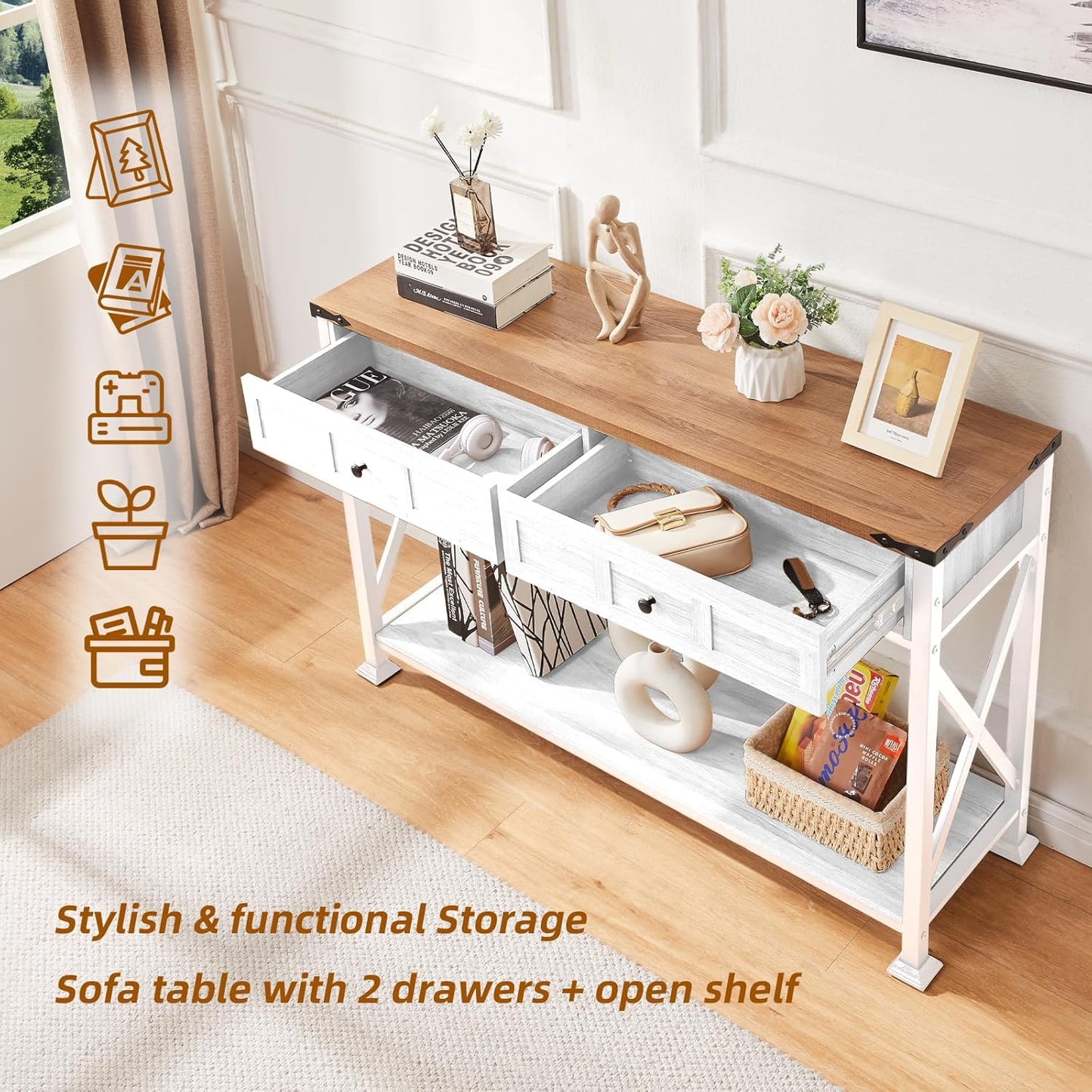 HOMBAZAAR Entryway Table,Rustic Console Table with 2 Drawers, Industrial Console Tables with Storage for Entryway, Hallway, Living Room,White,47 Inch