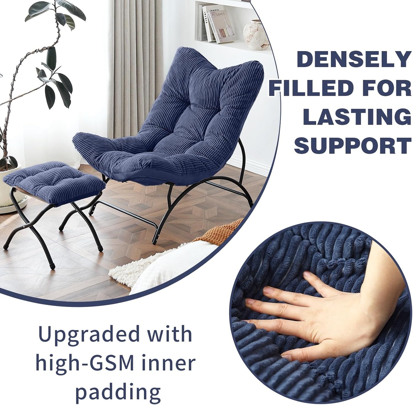 Welnow Accent Chair with Ottoman, Lounge Comfy Soft Leisure Metal Frame Reading Chair with Footrest, Upholstered Thick Cushion Seated Recliner Sofa for Living Room, Bedroom, Dorm, Navy