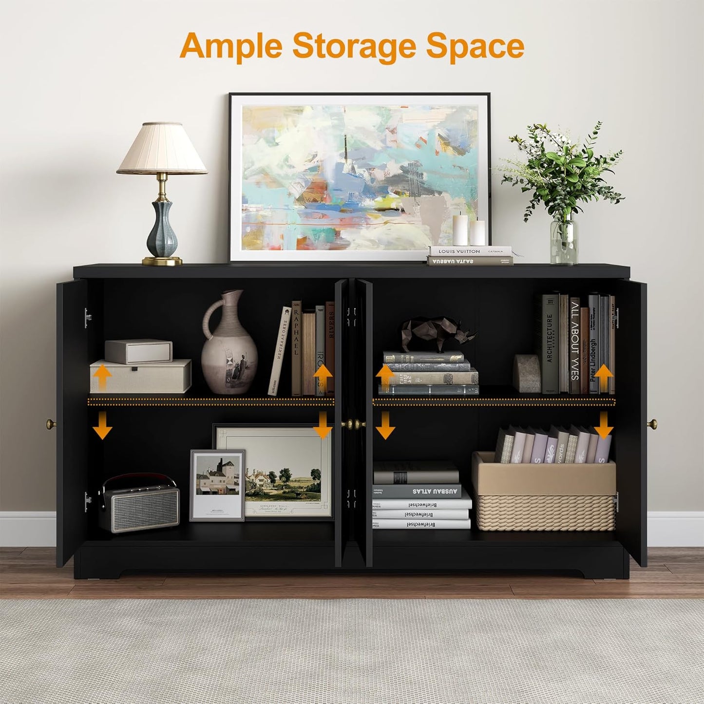 Sideboard Buffet with 4 Doors, Mid-Century Sideboard Cabinet with Adjustable Shelves, Accent Cabinet for Entryway, Living Room, Dining Room, Black