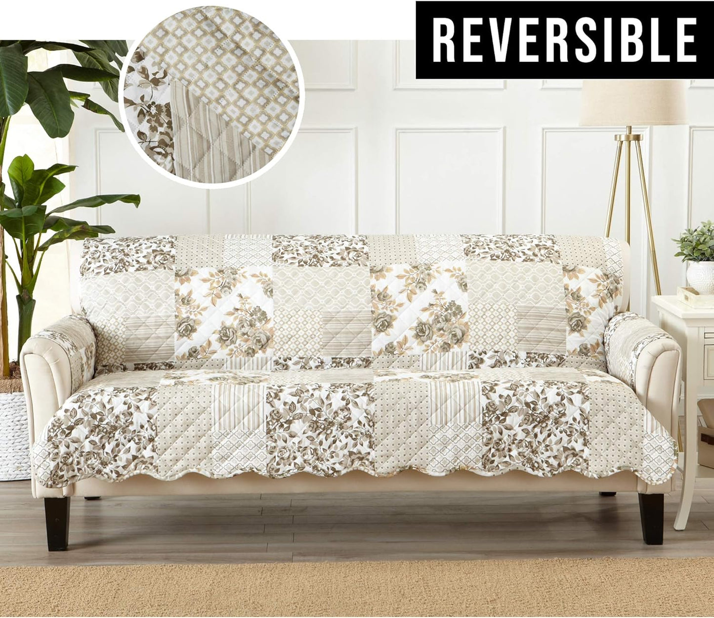 Great Bay Home Patchwork Scalloped Printed Furniture Protector Stain Resistant Sofa Cover (Sofa, Taupe)
