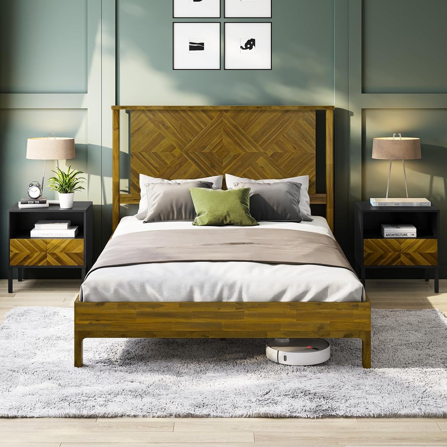 Bme Ethan Queen Bed Frame with Diamond Headboard, Mid-Century Modern, Solid Acacia Wood, No Box Spring Needed, Fits All Mattresses, Rustic Brown