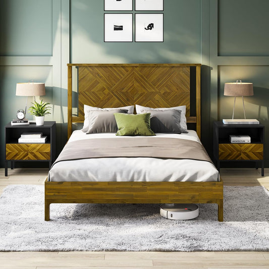 Bme Ethan Queen Bed Frame with Diamond Headboard, Mid-Century Modern, Solid Acacia Wood, No Box Spring Needed, Fits All Mattresses, Rustic Brown