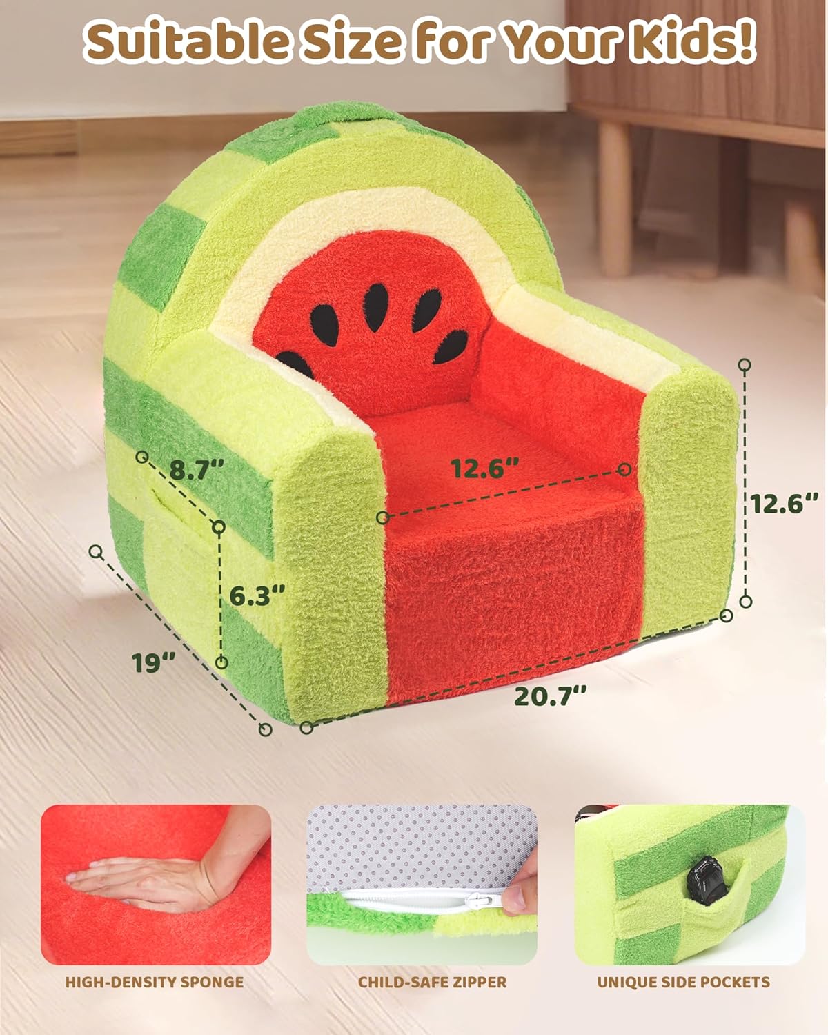 Toddler Chair, Comfy Foam Kids Couch with Soft Velvet Cover, Toddler Couch with Cute Watermelon Design for Gaming and Studying, Kids Sofa for Boys and Girls