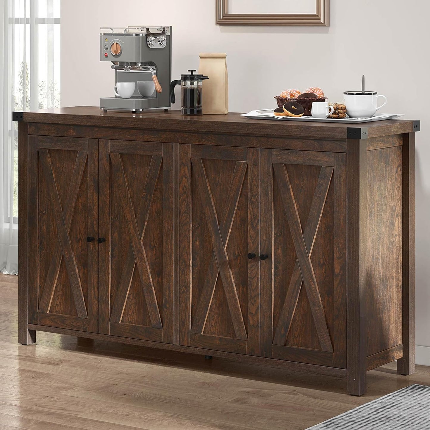 YITAHOME 55'' Buffet Cabinet with Storage, Farmhouse Sideboard Cabinet Coffee Bar Cabinets with Barn Doors ＆ Adjustable Shelves for Kitchen, Living Room, Brown