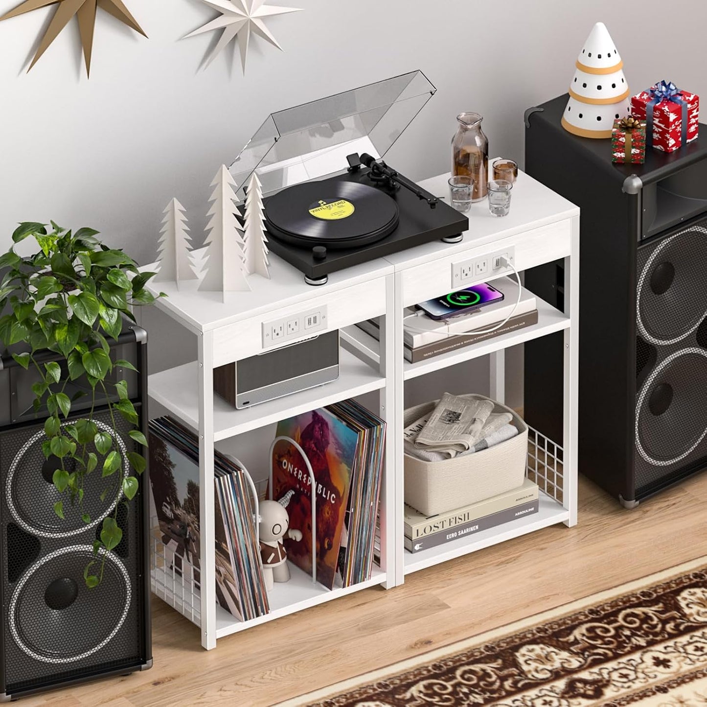 LELELINKY 3 Tier End Table with Charging Station, White Record Player Stand with Storage Up to 100 Albums Brown, Night Stand with USB Port, Nightstand for Small Spaces