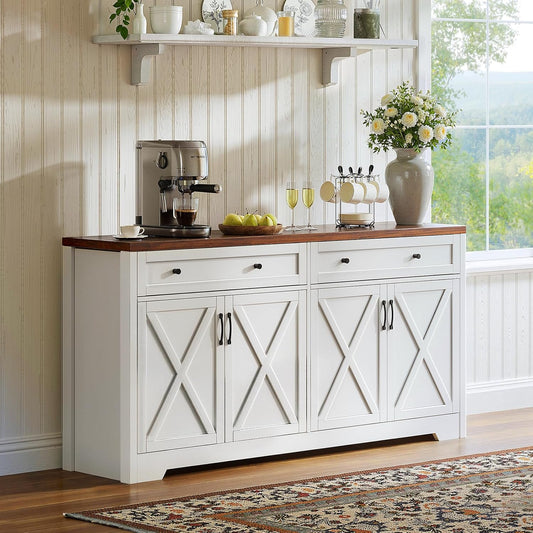 61'' Farmhouse Sideboard Buffet Cabinet with Storage, Large Kitchen Storage Cabinet with Barn Doors Drawers, Brown Coffee Bar Table for Dining Room Kitchen