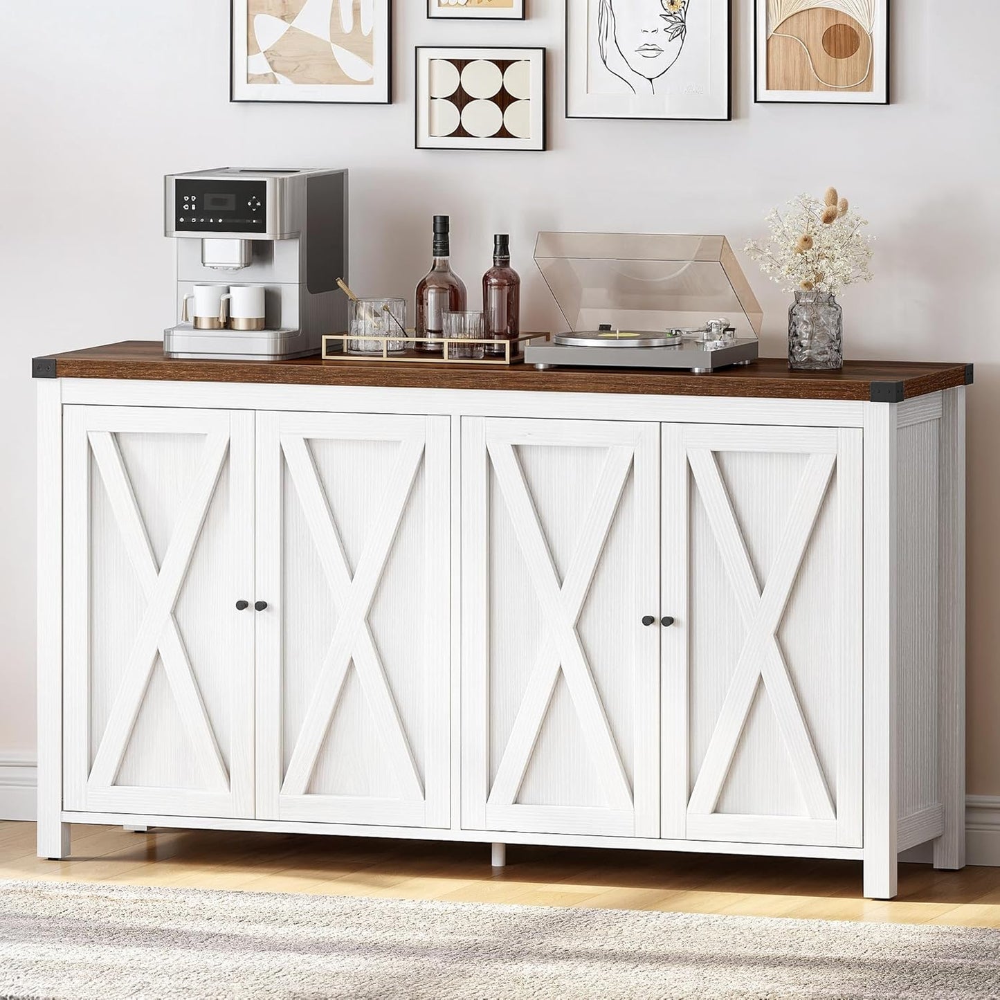 YITAHOME Farmhouse Sideboard Buffet Cabinet with Storage, 55'' Kitchen Storage Cabinet Coffee Bar Cabinets with Adjustable Shelf for Kitchen, Living Room, White