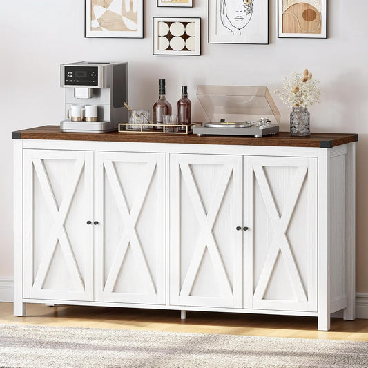 YITAHOME Farmhouse Sideboard Buffet Cabinet with Storage, 55'' Kitchen Storage Cabinet Coffee Bar Cabinets with Adjustable Shelf for Kitchen, Living Room, White