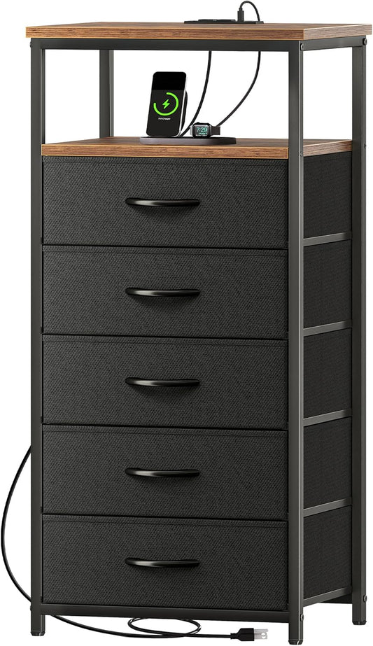 Huuger 5 Drawers Tall Dresser with Charging Station, Dresser for Bedroom, Tall Night Stand, Chest of Drawers with Open Shelf, Bedside Table Nightstand, Fabric, Rustic Brown and Black