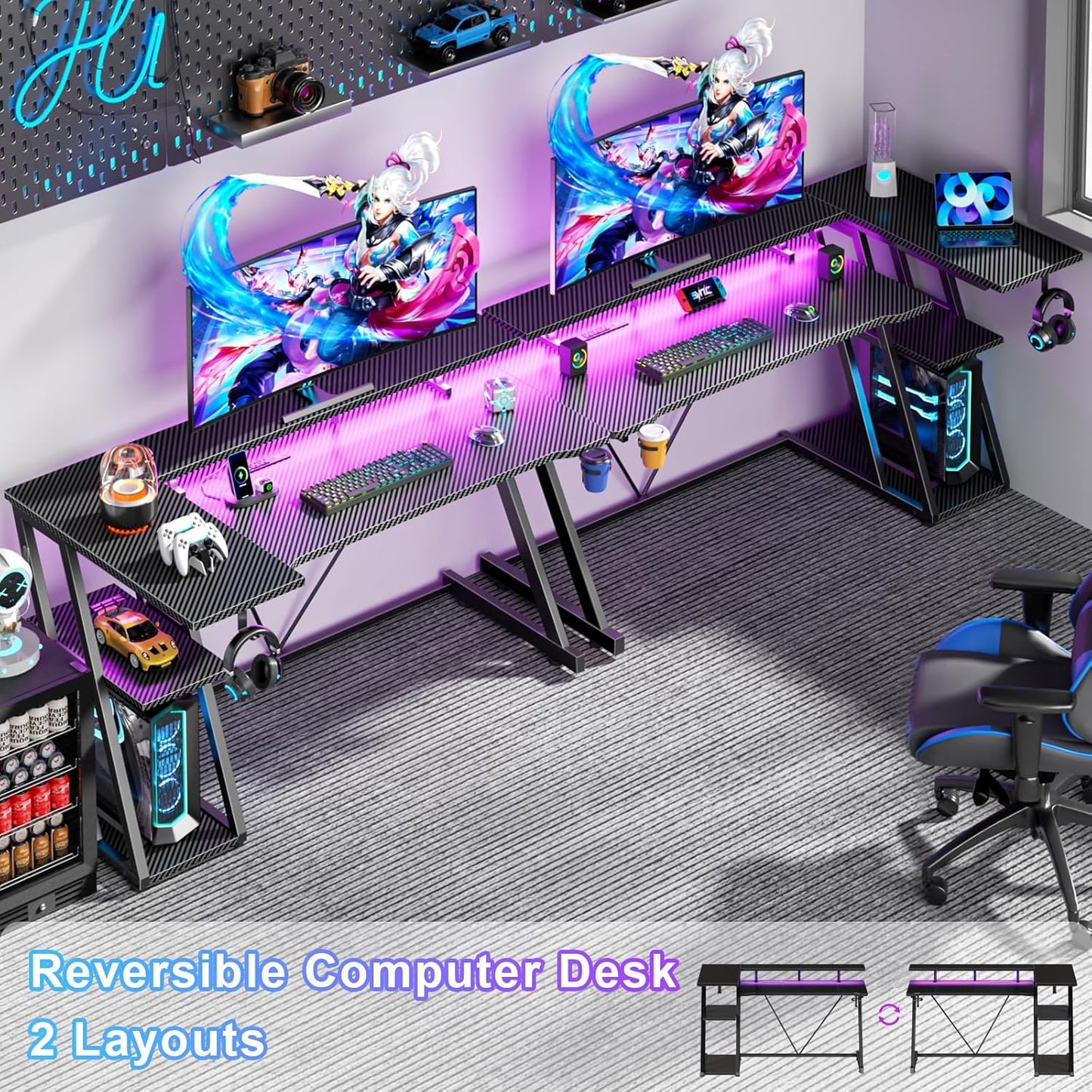 55 Inch Gaming Desk with Power Outlet & LED Lights, L Shaped Gamer Computer Table with Storage Shelves for Bedroom, Corner Home Office Desk, Carbon Fiber Black