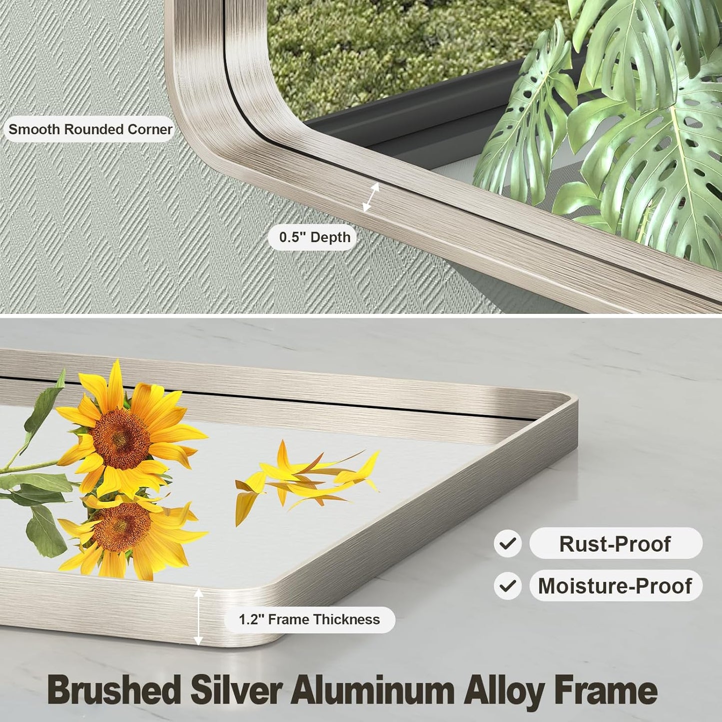 40x32 Inch Brushed Nickel Bathroom Mirror, Brushed Silver Metal Framed Wall Mirror, Rounded Corner Rectangle Modern Vanity Mirror, Tempered Glass, Anti-Rust, Shatterproof (Horizontal/Vertical)