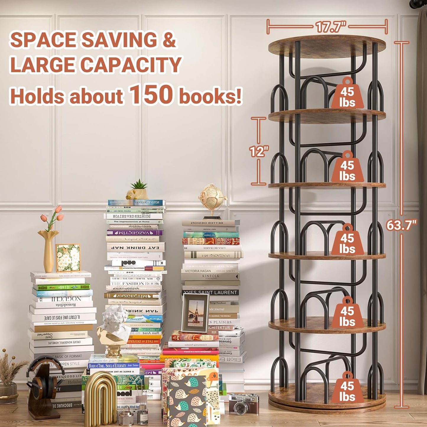 Aheaplus 5 Tier Rotating Bookshelf Tower, 360 Display Spinning Bookcase, Revolving Round Book Shelf Narrow Swivel Bookshelf, Vertical Turning Corner Book Organizer for Small Space, Rustic Brown
