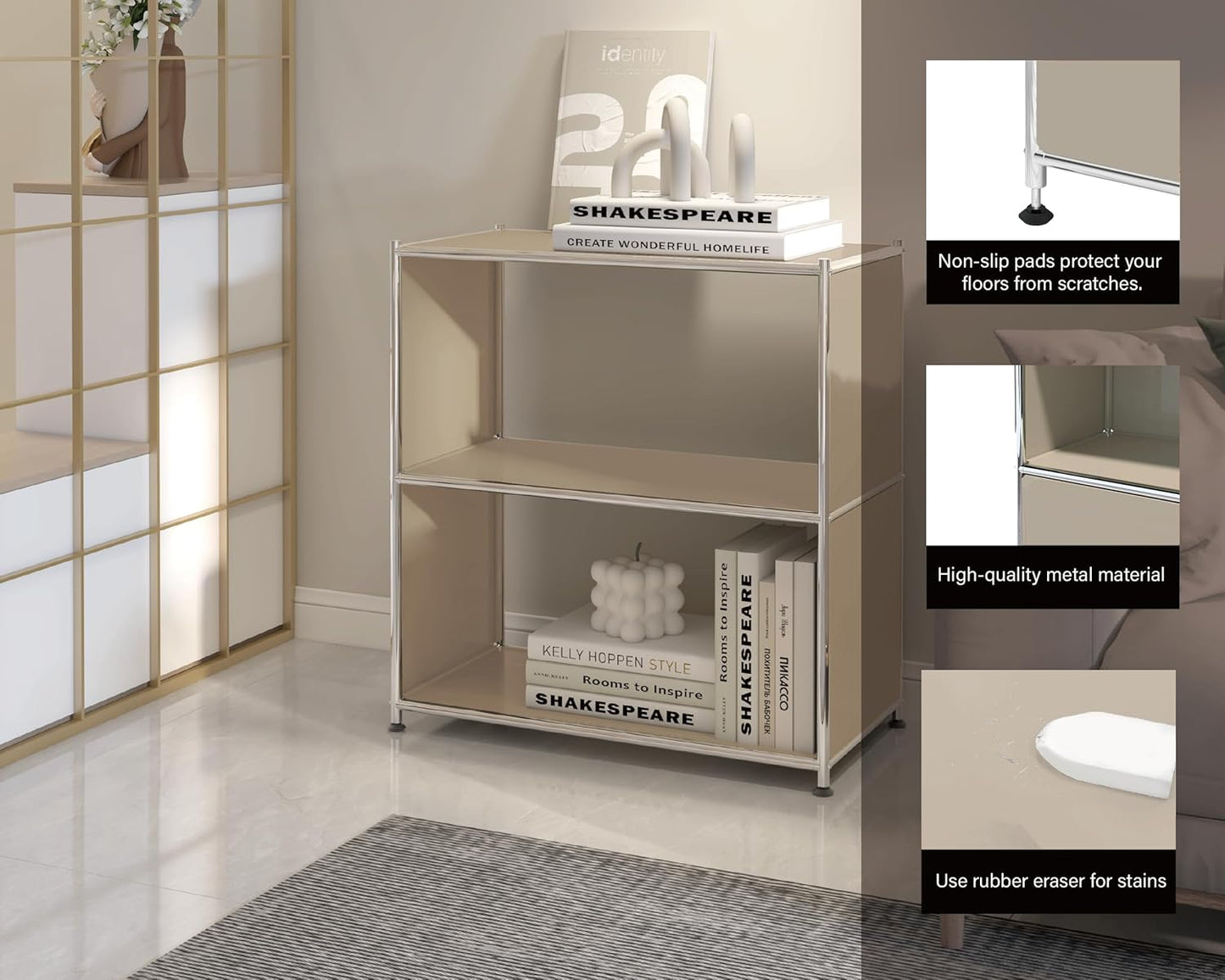 32-Inch 2-Tier Metal Bookcase, Open Shelf Storage Organizer for Living Room, Bedroom, Side Table or Nightstand Use, Modern DIY Assembly, Taupe