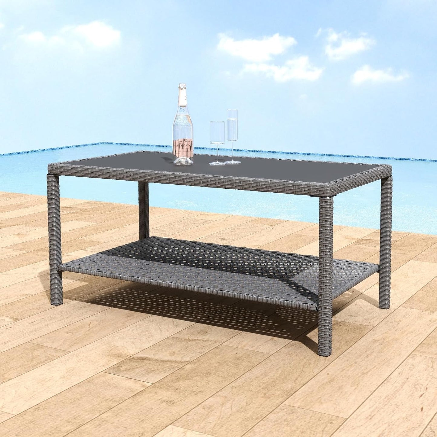 Helios&Hestia Rectangle All Weather Rattan Wicker Outdoor Coffee Side End Table with Glass Top for Patio, Deck, Backyard, Garden, Grey