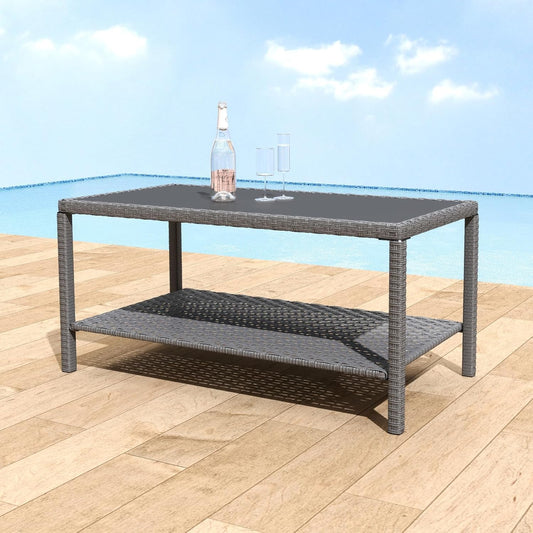 Helios&Hestia Rectangle All Weather Rattan Wicker Outdoor Coffee Side End Table with Glass Top for Patio, Deck, Backyard, Garden, Grey