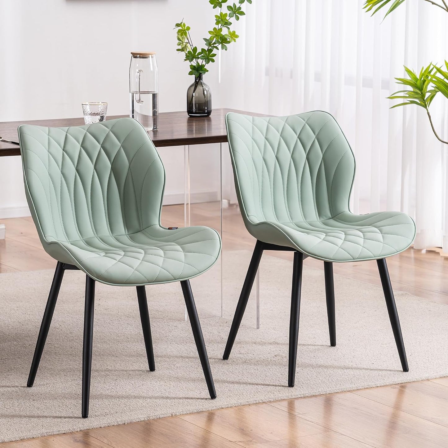 YOUNIKE Dining Chairs Set of 2, Upholstered Faux Leather Dining Room Chairs with Wing Back and Metal Legs, Mint Green