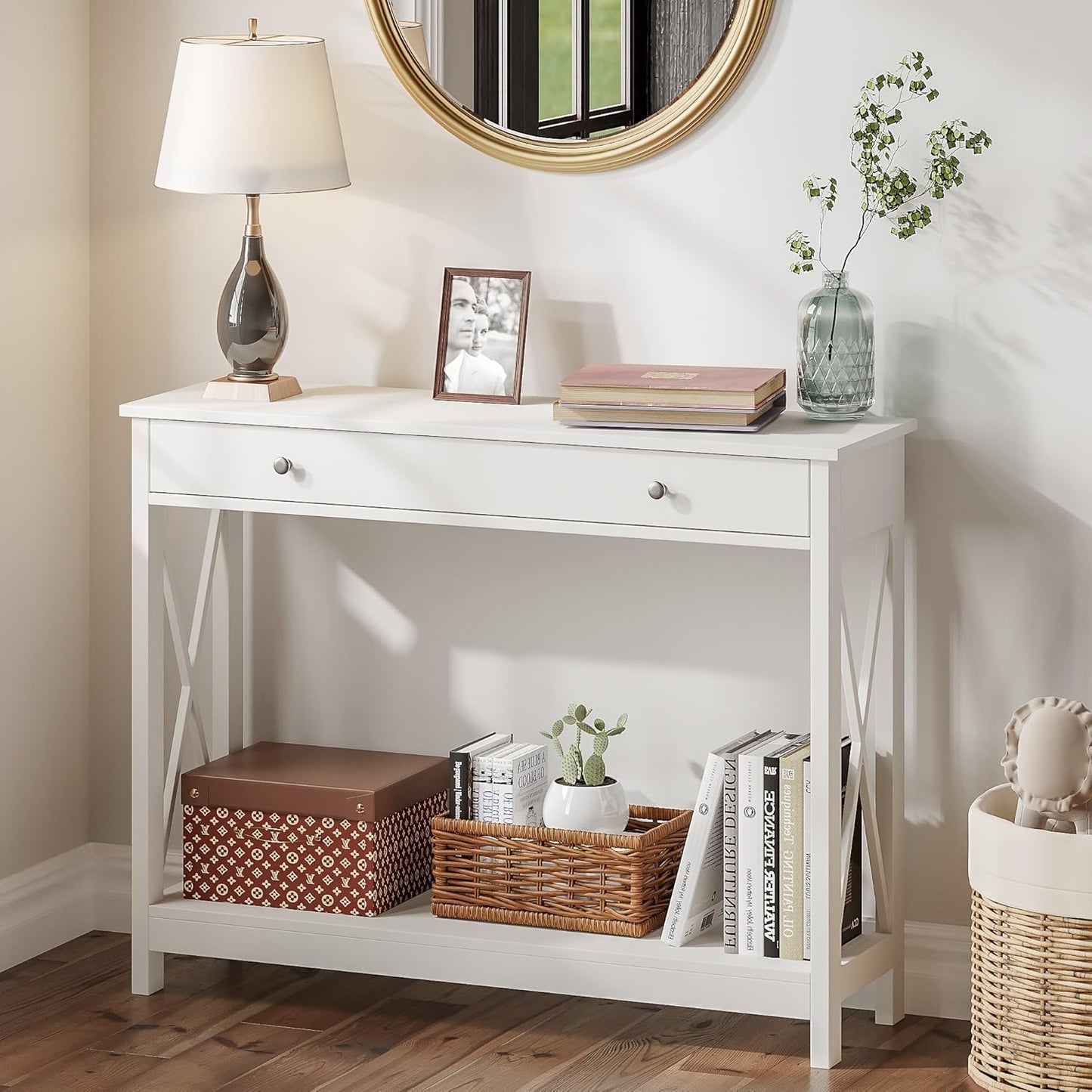 Treocho White Console Table with Drawer and Storage Shelves, Foyer Sofa Table Narrow for Entryway, Living Room, Hallway